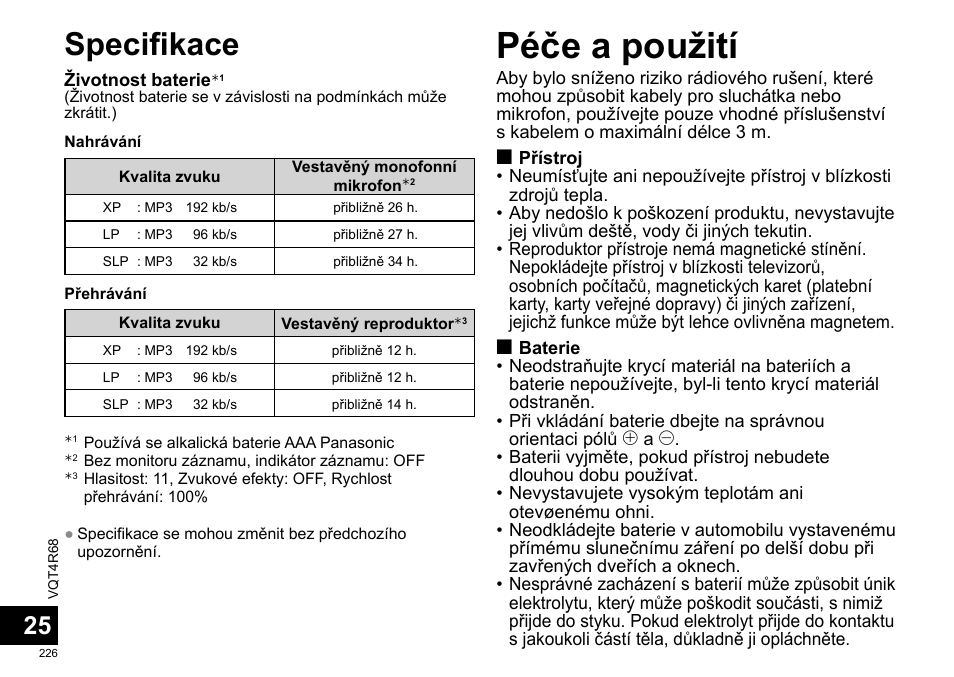 Péče a použití, Specifikace | Panasonic RRUS310E User Manual | Page 226 / 293