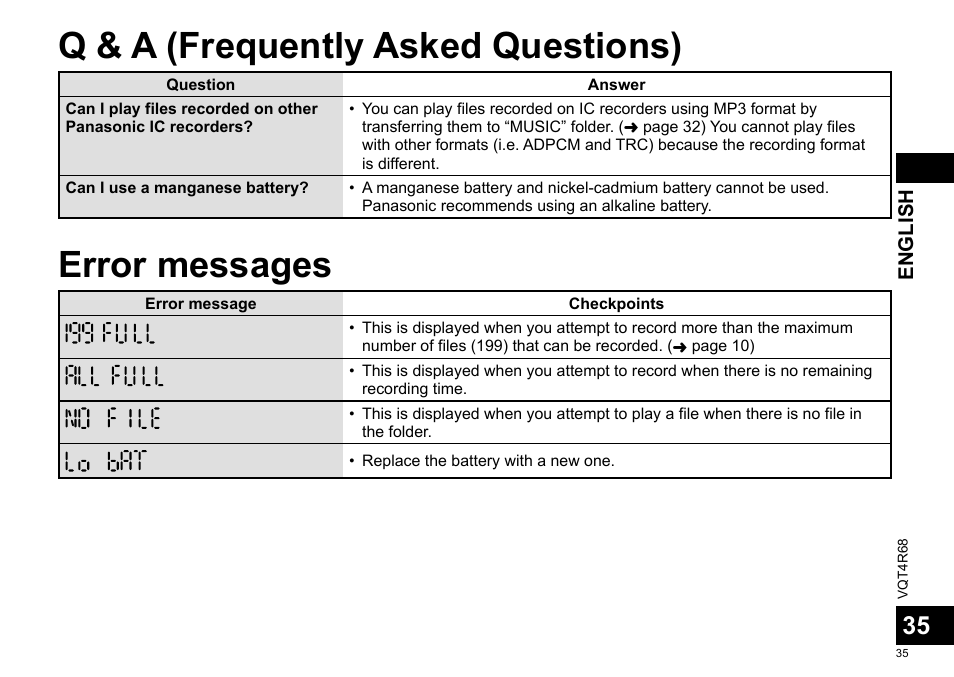 Q & a (frequently asked questions), Error messages | Panasonic RRUS310E User Manual | Page 35 / 293