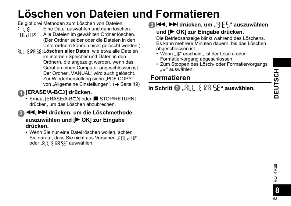 Löschen von dateien und formatieren, Formatieren | Panasonic RRUS310E User Manual | Page 53 / 293