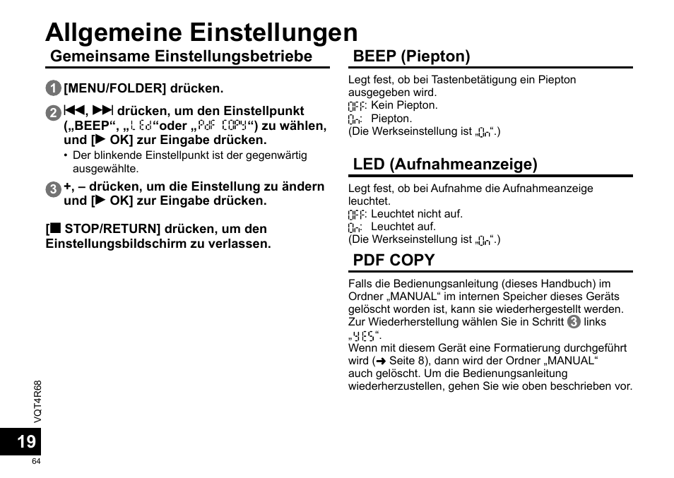 Allgemeine einstellungen, Gemeinsame einstellungsbetriebe, Beep (piepton) | Led (aufnahmeanzeige), Pdf copy | Panasonic RRUS310E User Manual | Page 64 / 293