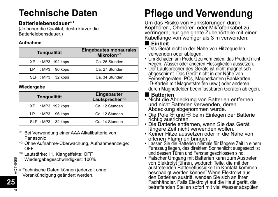 Pflege und verwendung, Technische daten | Panasonic RRUS310E User Manual | Page 70 / 293