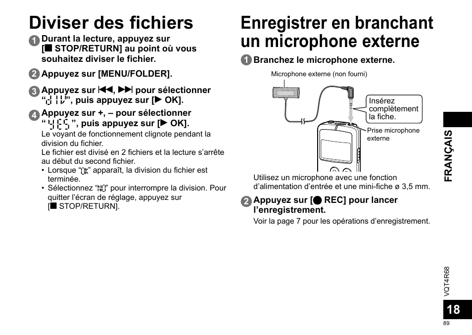 Diviser des fichiers, Enregistrer en branchant un microphone externe | Panasonic RRUS310E User Manual | Page 89 / 293