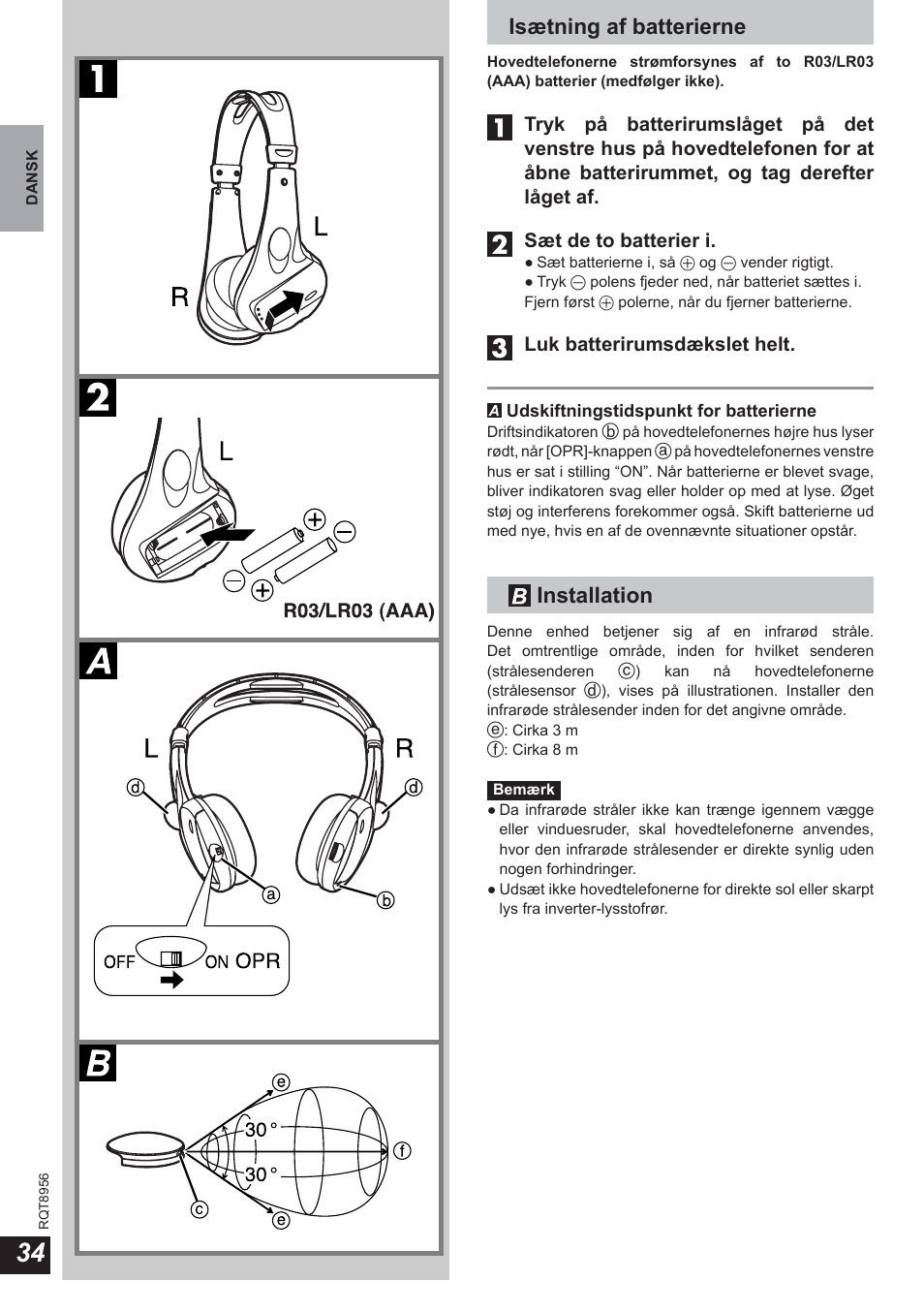 Isætning af batterierne, Installation | Panasonic RPWH25 User Manual | Page 34 / 64