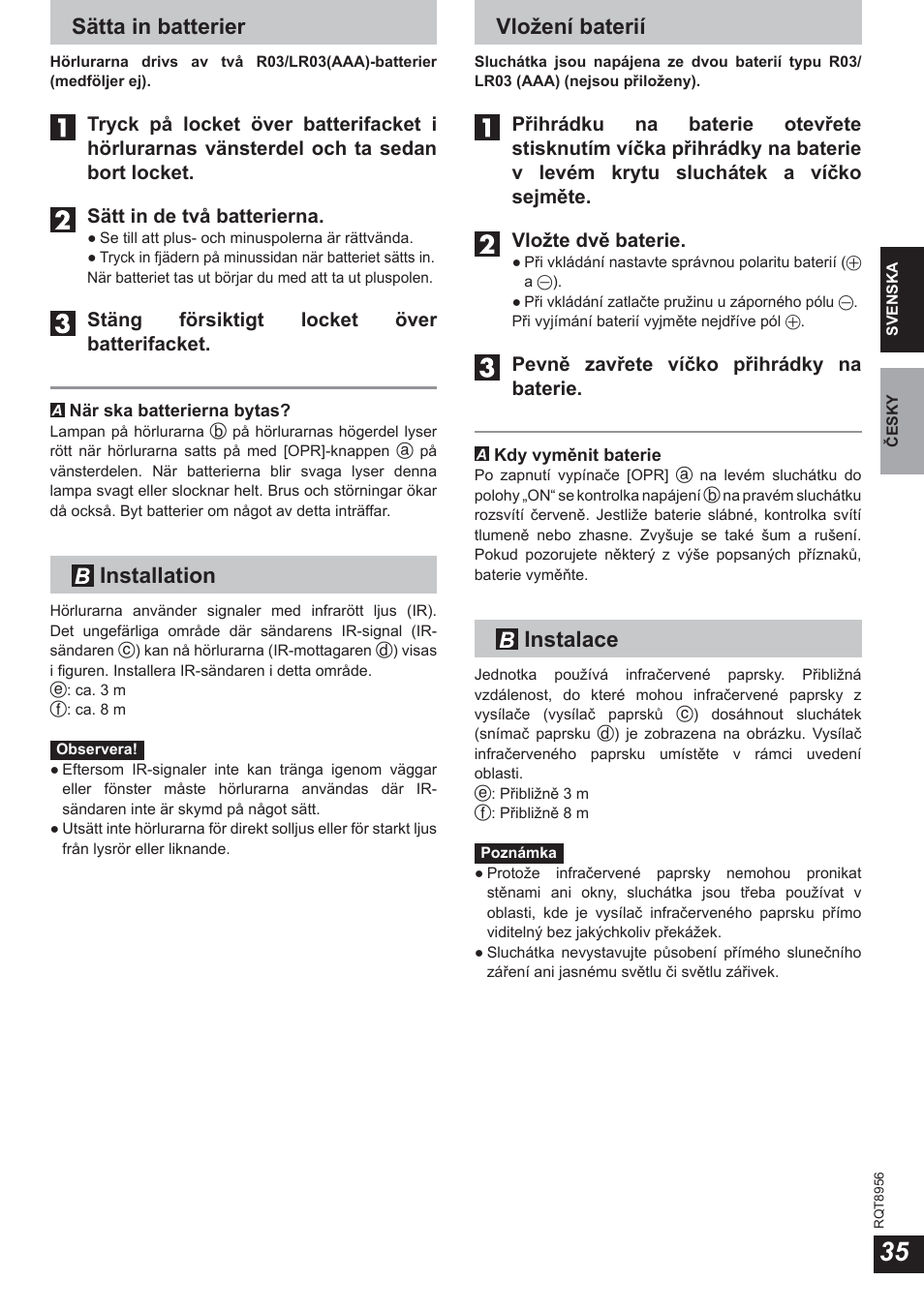 Sätta in batterier, Installation, Vložení baterií | Instalace | Panasonic RPWH25 User Manual | Page 35 / 64