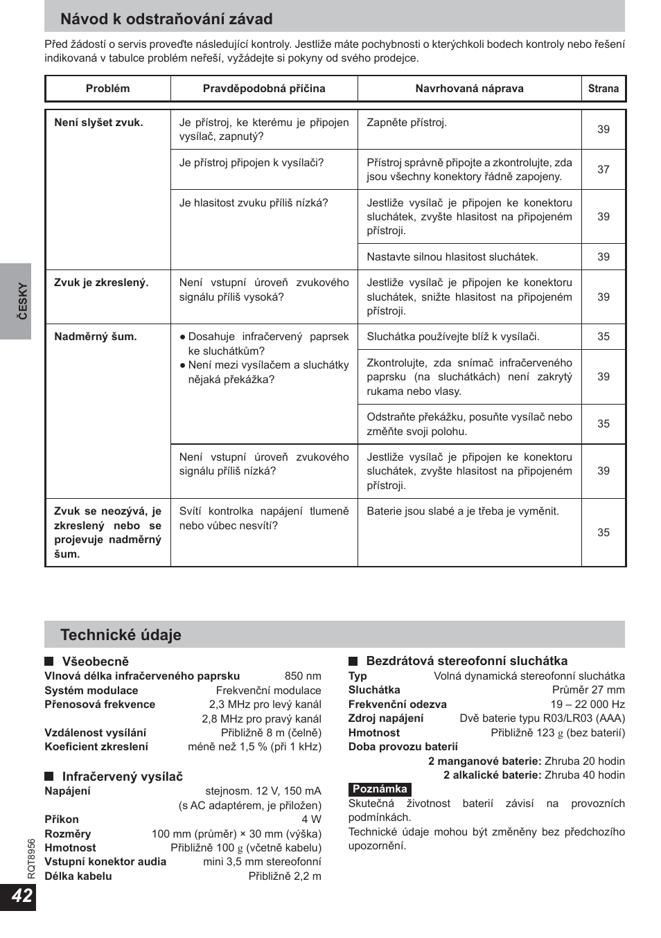 Návod k odstraňování závad, Technické údaje | Panasonic RPWH25 User Manual | Page 42 / 64