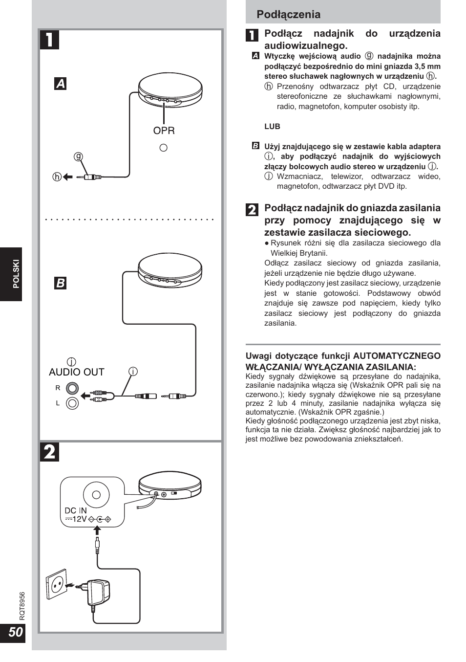 Podłączenia, Podłącz nadajnik do urządzenia audiowizualnego, Audio out | Panasonic RPWH25 User Manual | Page 50 / 64