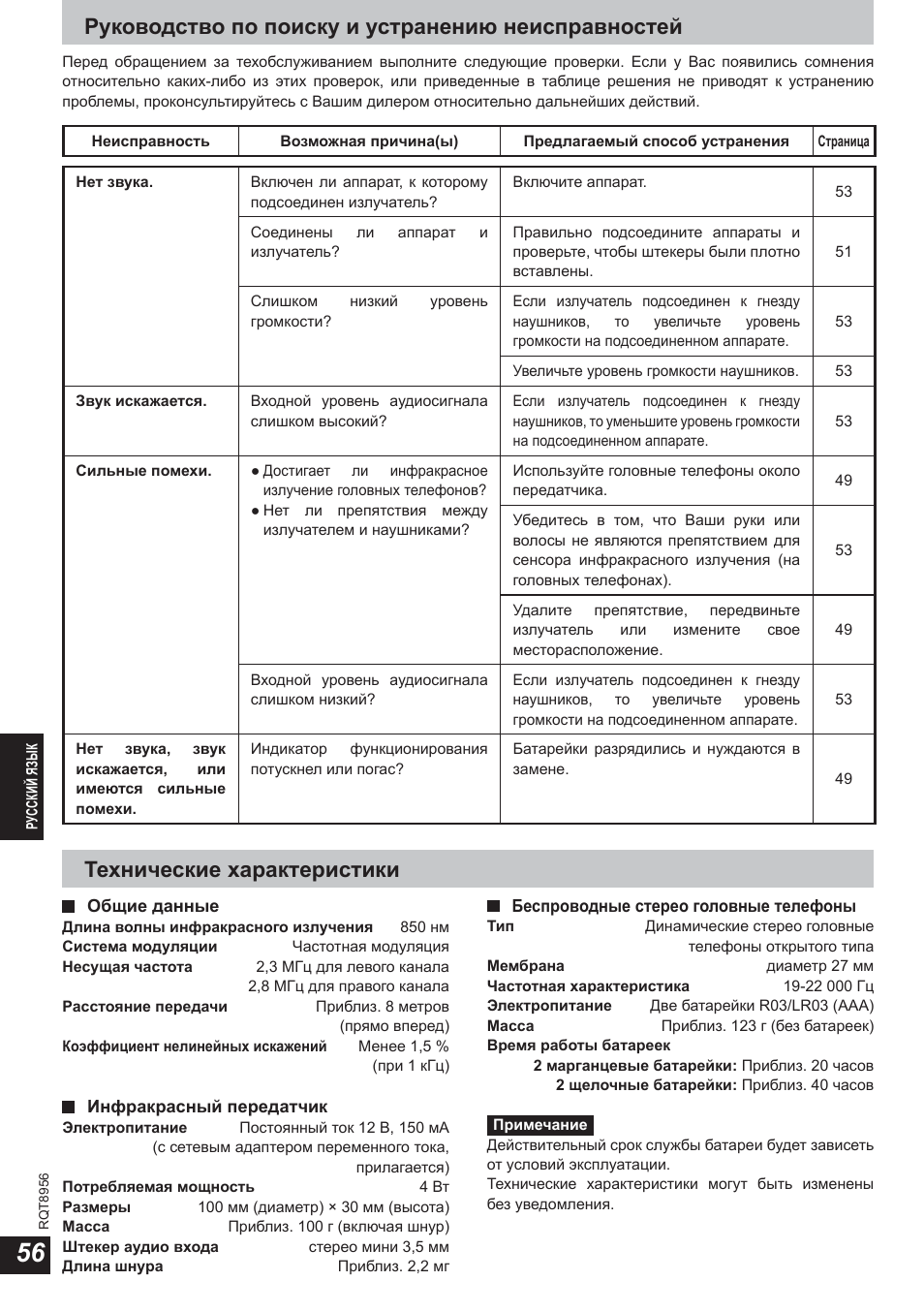 Руководство по поиску и устранению неисправностей, Технические характеристики | Panasonic RPWH25 User Manual | Page 56 / 64