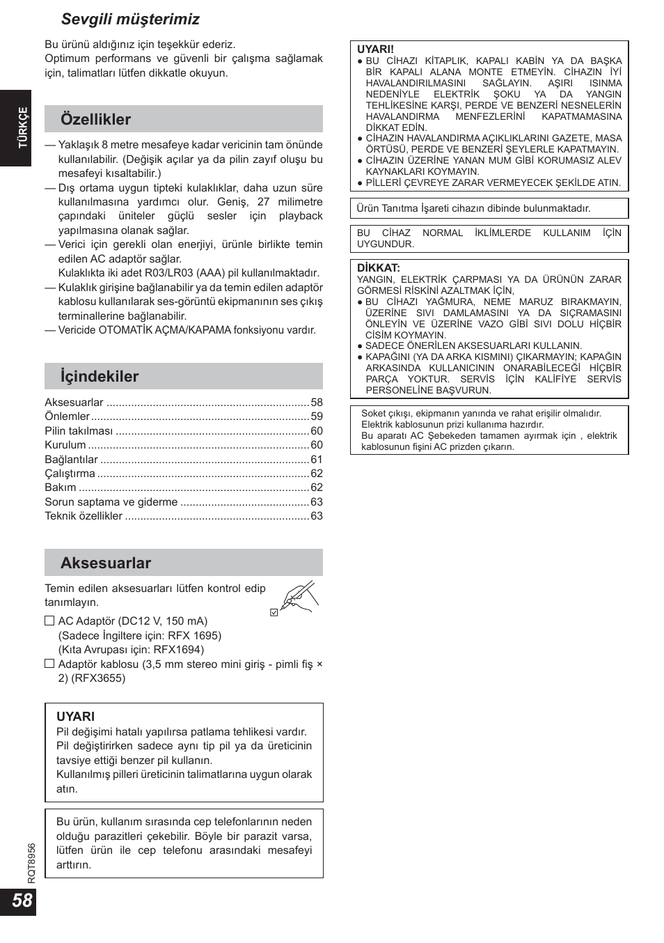 Sevgili müşterimiz, Özellikler, Içindekiler | Aksesuarlar | Panasonic RPWH25 User Manual | Page 58 / 64
