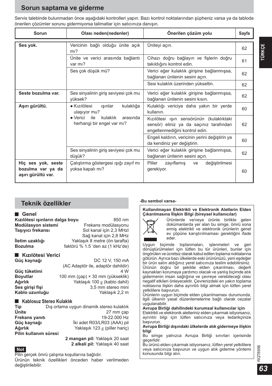 Sorun saptama ve giderme, Teknik özellikler | Panasonic RPWH25 User Manual | Page 63 / 64