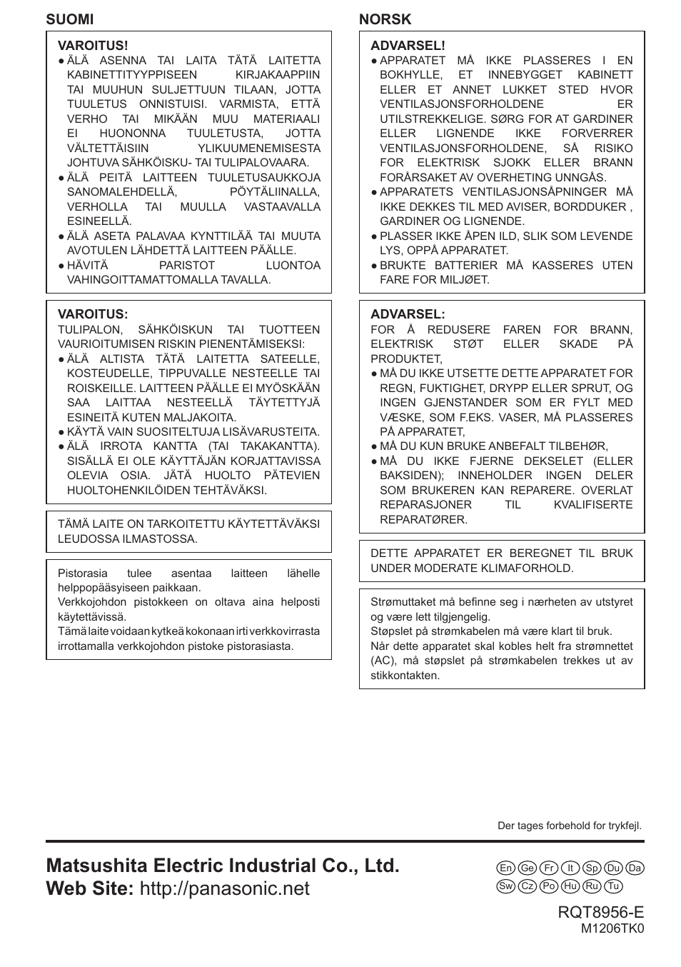 Rqt8956-e, Suomi, Norsk | Panasonic RPWH25 User Manual | Page 64 / 64