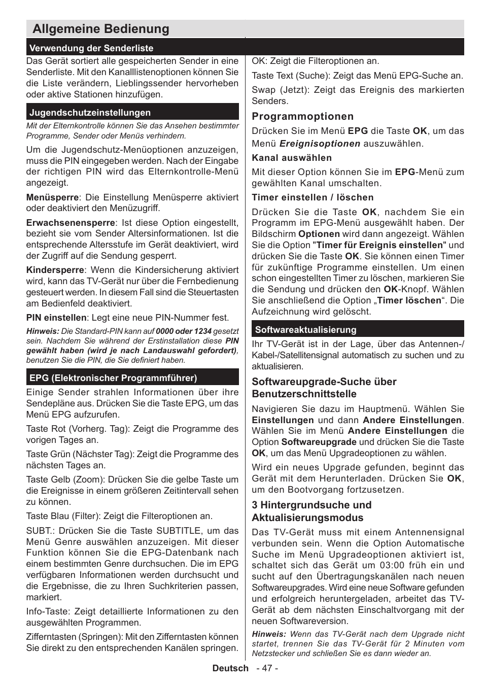 Allgemeine bedienung | Panasonic TX39AW304 User Manual | Page 48 / 89