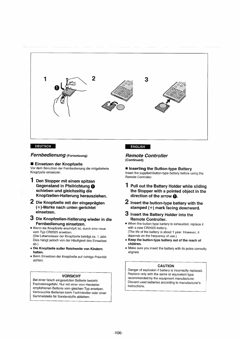 Remote controller, Caution | Panasonic NVDX100EG User Manual | Page 106 / 188
