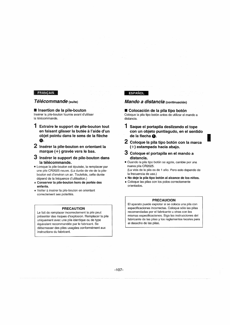 Télécommande (suite), Mando a distancia (continuación) | Panasonic NVDX100EG User Manual | Page 107 / 188