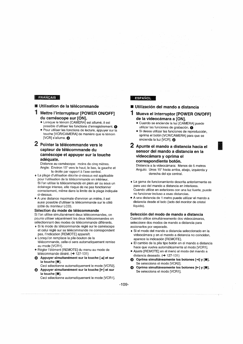 Sélection du mode de télécommande, Selección del modo de mando a distancia | Panasonic NVDX100EG User Manual | Page 109 / 188