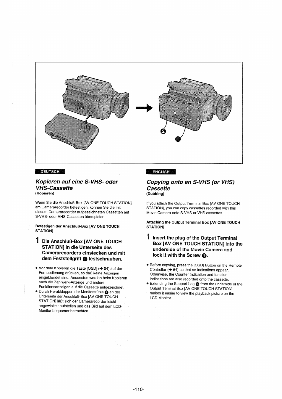 Kopieren auf eine s-vhs- oder vhs-cassette, Copying onto an s-vhs (or vhs) cassette | Panasonic NVDX100EG User Manual | Page 110 / 188