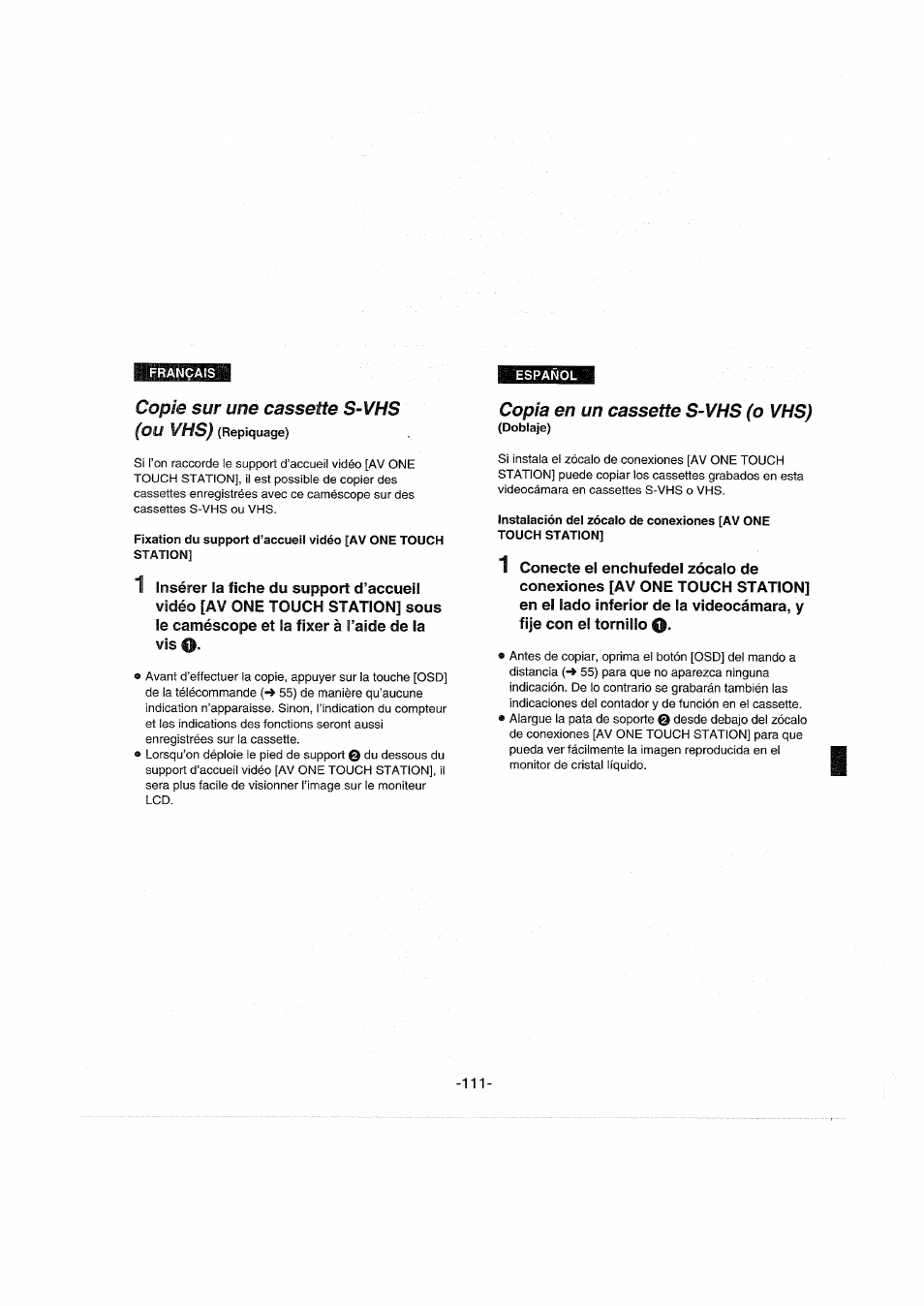 Copie sur une cassette s-vhs, Copia en un cassette s-vhs (o vhs), Copia en un cassette s-vhs (o vms) (doblaje) | Panasonic NVDX100EG User Manual | Page 111 / 188