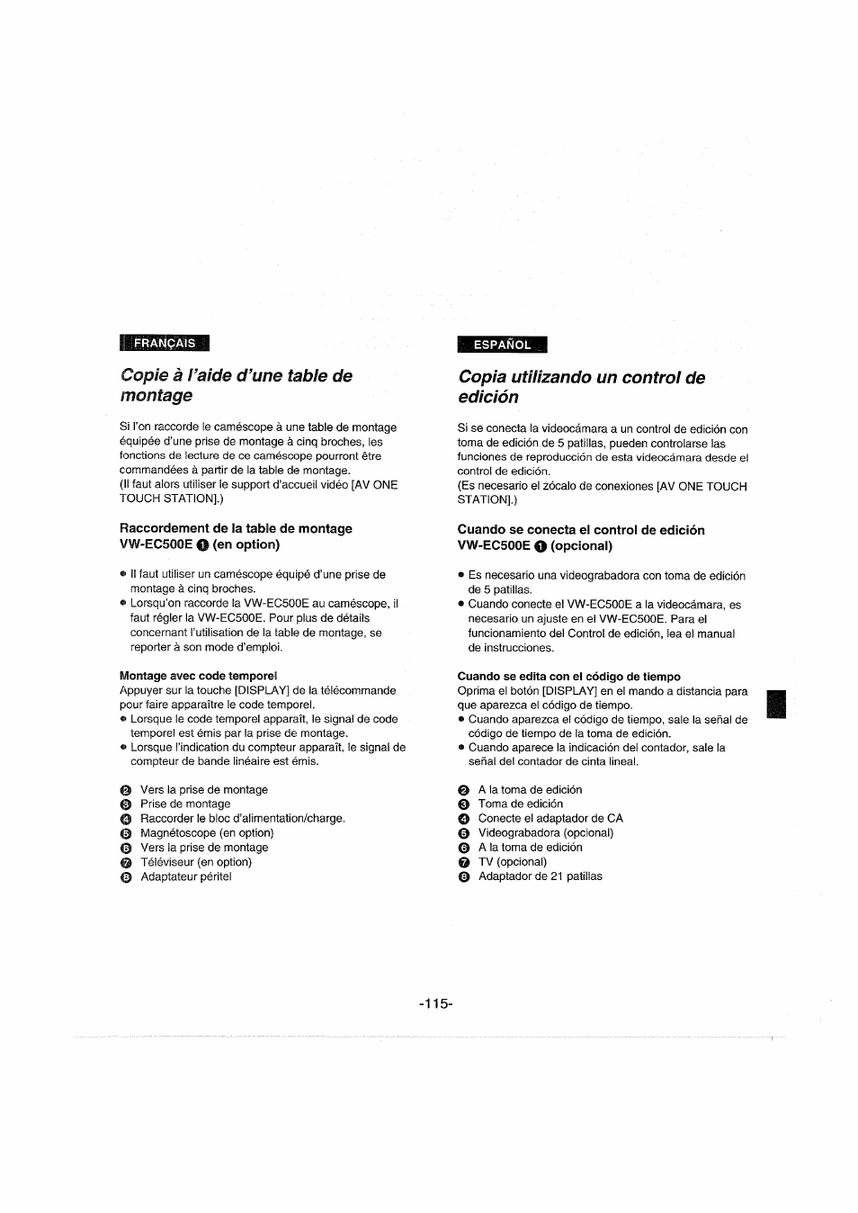 Copie à raide d’une table de montage, Copia utilizando un control de edición, Copie à l’aide d’une table de montage | Panasonic NVDX100EG User Manual | Page 115 / 188