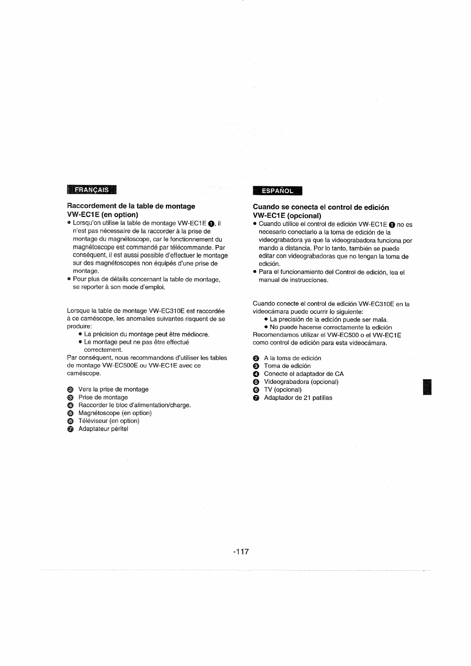 Raccordement de la table de montage, Vw-ec1e (en option) | Panasonic NVDX100EG User Manual | Page 117 / 188