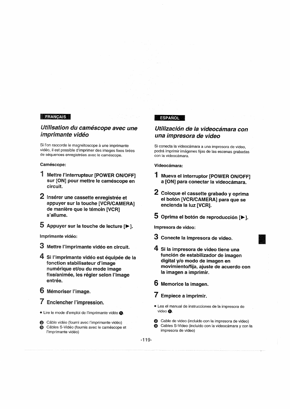 Utilisation du caméscope avec une imprimante vidéo | Panasonic NVDX100EG User Manual | Page 119 / 188
