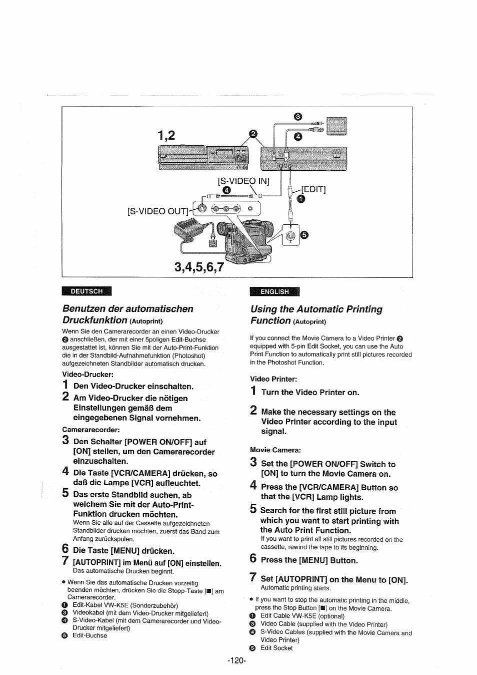 Benutzen der automatischen, Video-drucker, Camerarecorder | Using the automatic printing function (autoprint), Video printer, Movie camera | Panasonic NVDX100EG User Manual | Page 120 / 188