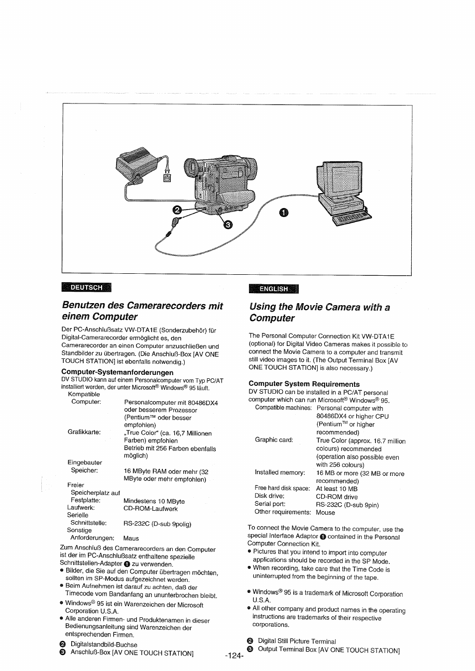 Benutzen des camerarecorders mit einem computer, Computer-systemanforderungen, Using the movie camera with a computer | Computer system requirements, Benutzen des camerarecorders mit einem, Computer, Benutzen des camerarecorders, Einem computer | Panasonic NVDX100EG User Manual | Page 124 / 188