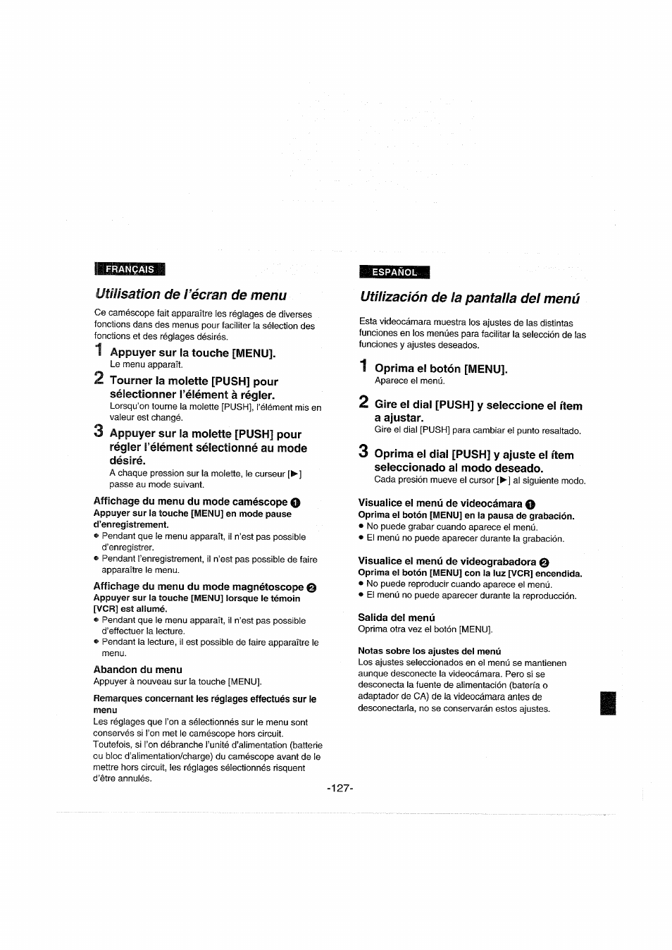 Utilisation de l’écran de menu, Abandon du menu, Utilización de la pantalla del menú | Salida del menú, Notas sobre los ajustes dei menú | Panasonic NVDX100EG User Manual | Page 127 / 188