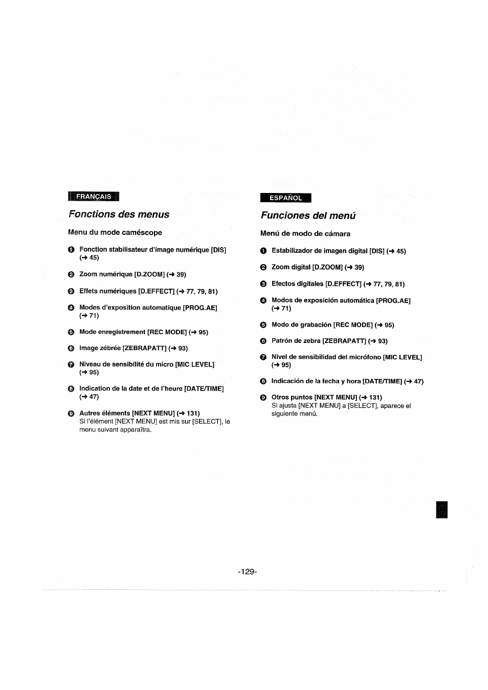 Fonctions des menus, Menu du mode caméscope, Funciones dei menú | Menú de modo de cámara, Funciones del menú | Panasonic NVDX100EG User Manual | Page 129 / 188
