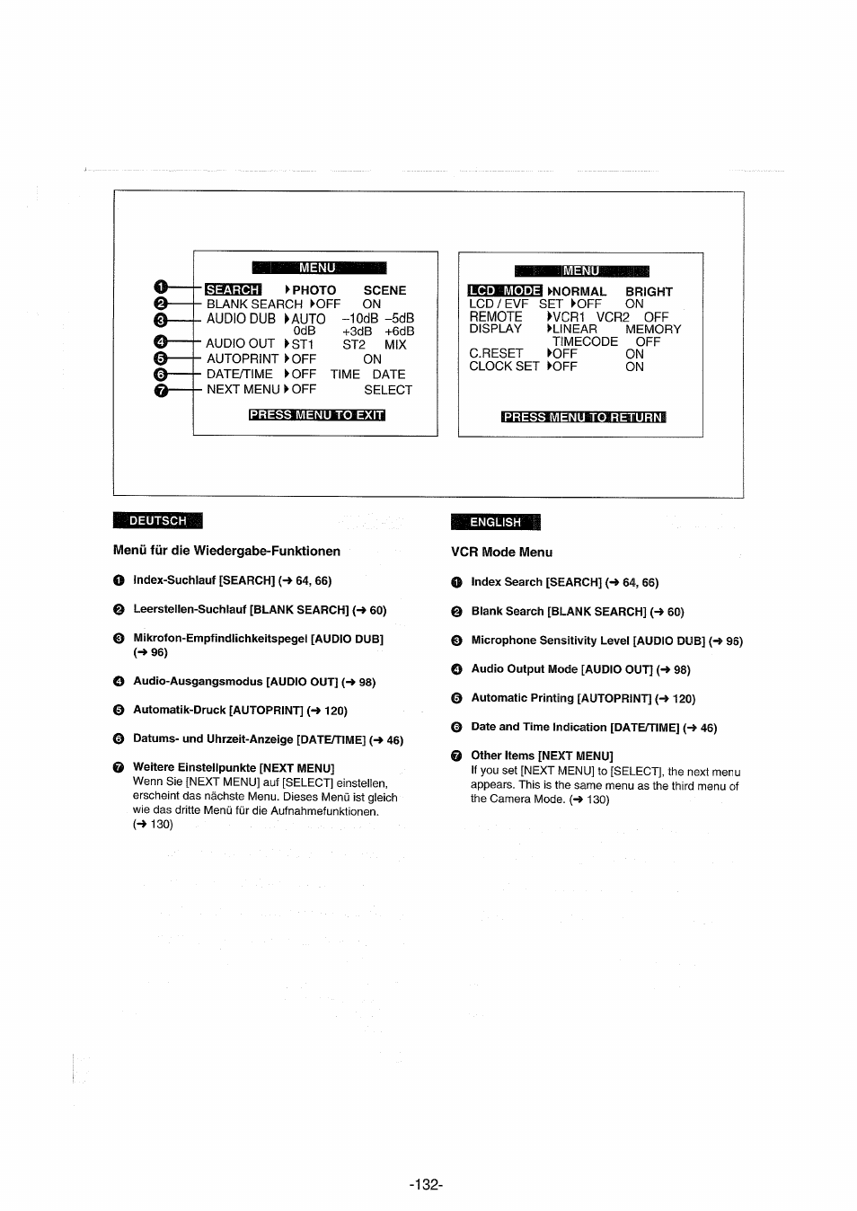 Menü für die wiedergabe-funktionen, Vcr mode menu | Panasonic NVDX100EG User Manual | Page 132 / 188