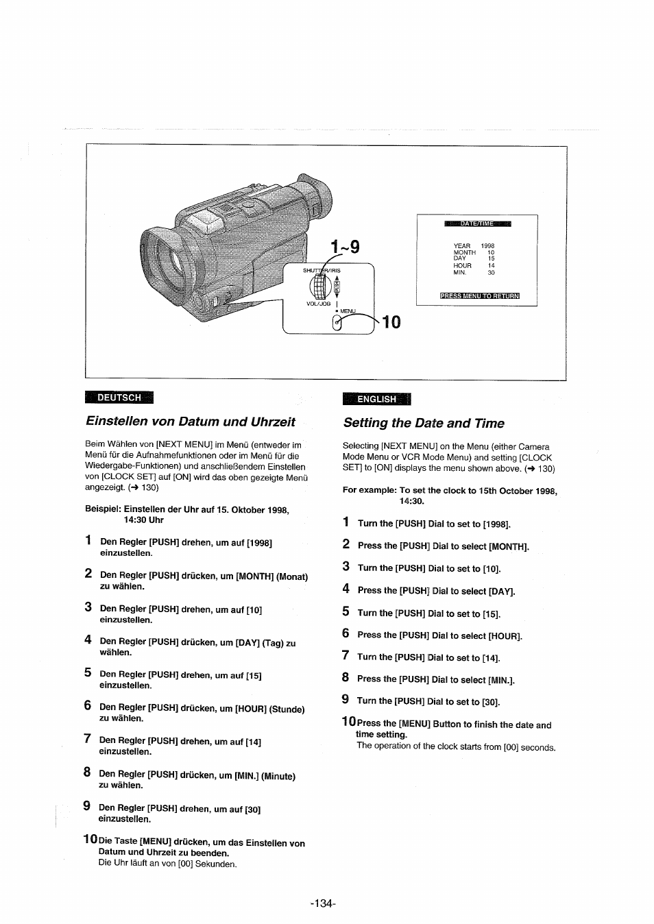 Einstellen von datum und uhrzeit, Setting the date and time | Panasonic NVDX100EG User Manual | Page 134 / 188
