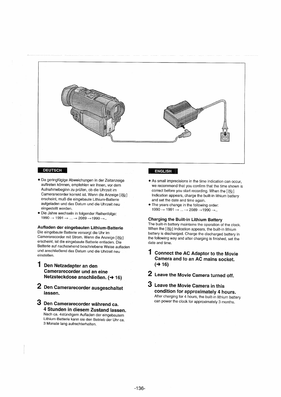 Aufladen der eingebauten lithium-batterie, Charging the built-in lithium battery | Panasonic NVDX100EG User Manual | Page 136 / 188