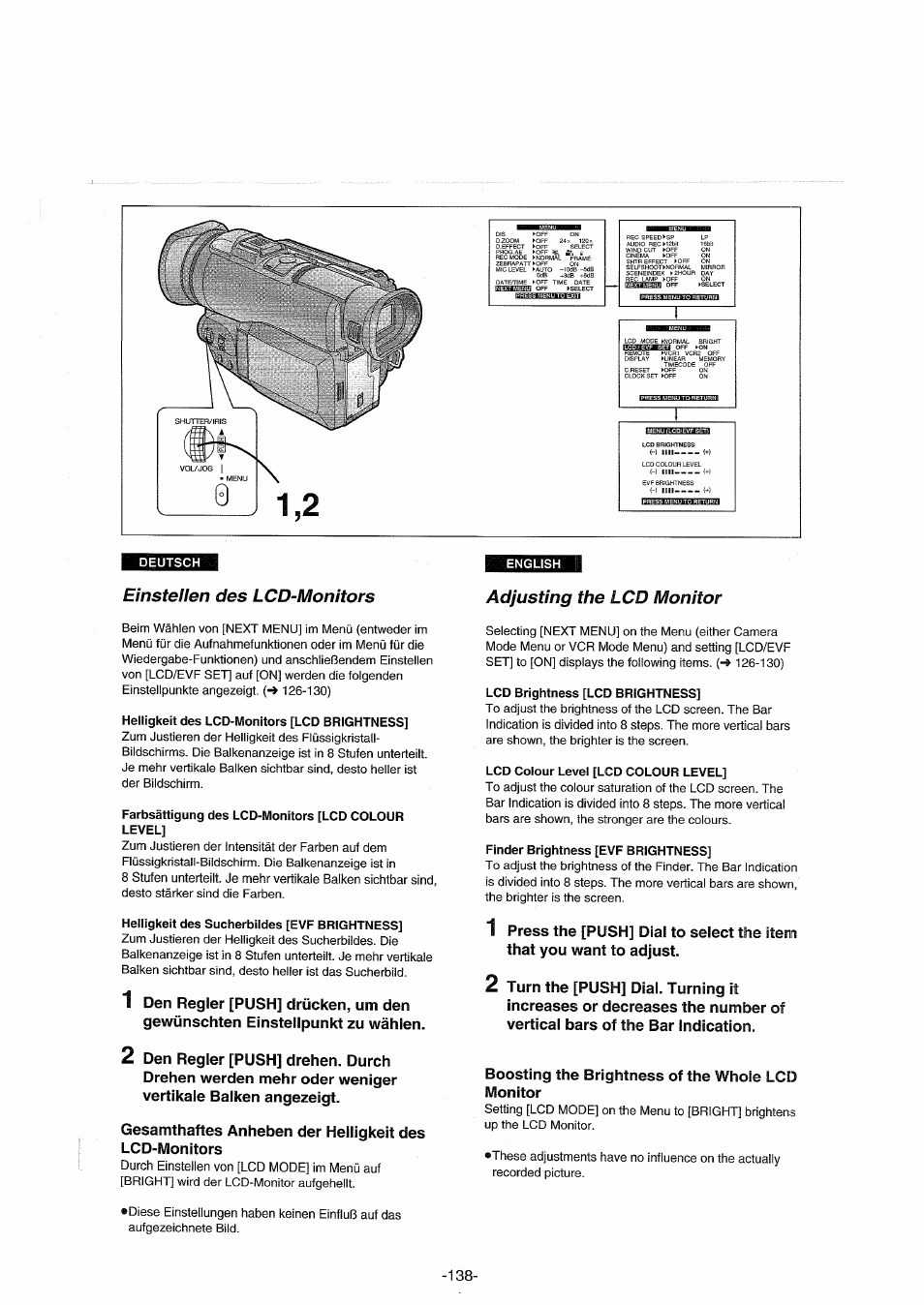 Einsteuen des lcd-monitors, Adjusting the lcd monitor, Einstellen des lcd-monitors | Panasonic NVDX100EG User Manual | Page 138 / 188