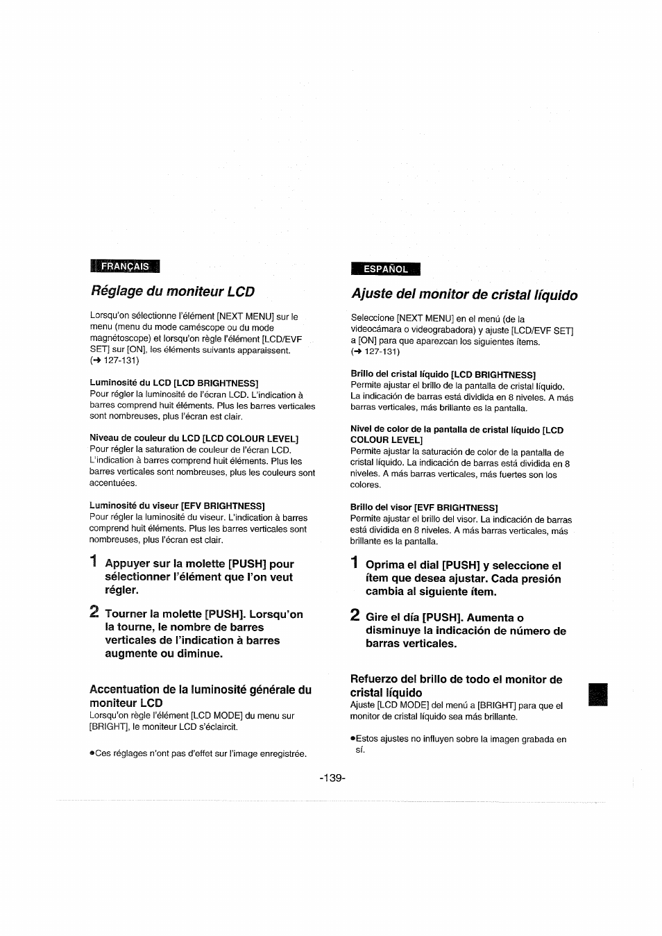 Réglage du moniteur lcd, Ajuste del monitor de cristal líquido | Panasonic NVDX100EG User Manual | Page 139 / 188