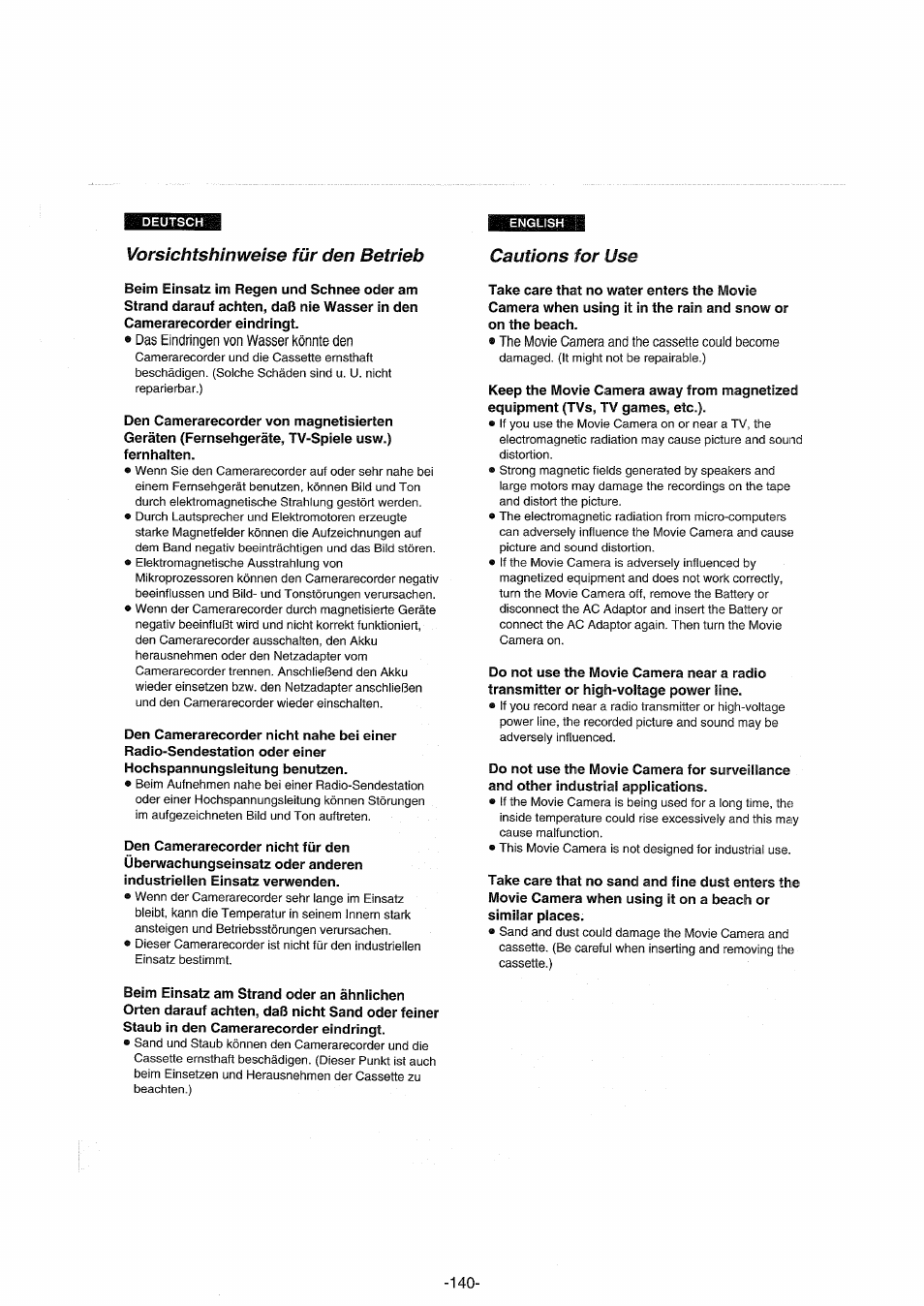 Vorsichtshinweise für den betrieb, Das eindringen von wasser könnte den | Panasonic NVDX100EG User Manual | Page 140 / 188
