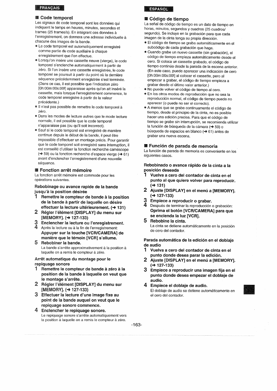 Code temporel, Fonction arrêt mémoire, Código de tiempo | Función de parada de memoria, B code temporel, B fonction arrêt mémoire, Código de tiempo ■ función de parada de memoria | Panasonic NVDX100EG User Manual | Page 163 / 188