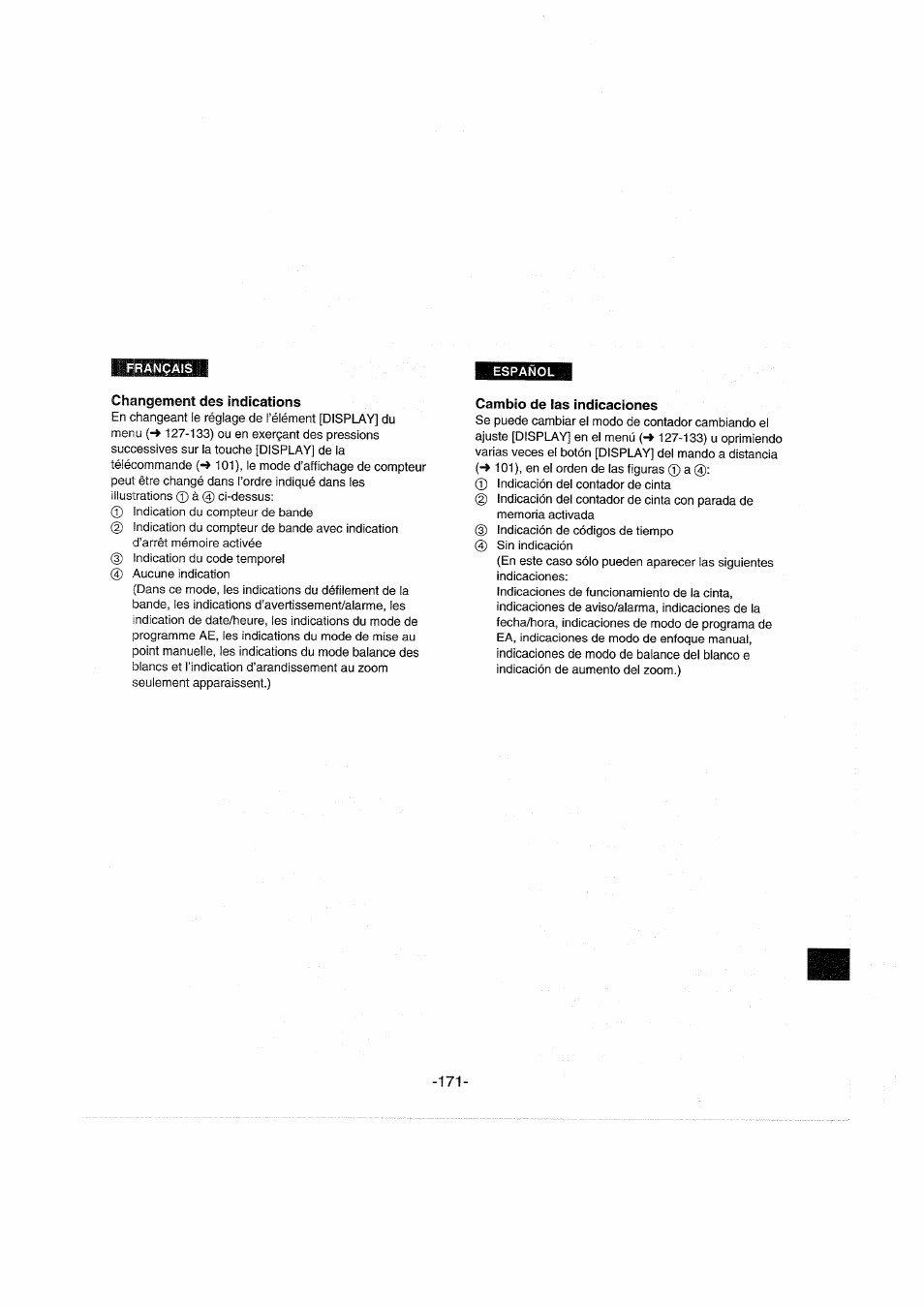 Changement des indications, Cambio de las indicaciones | Panasonic NVDX100EG User Manual | Page 171 / 188