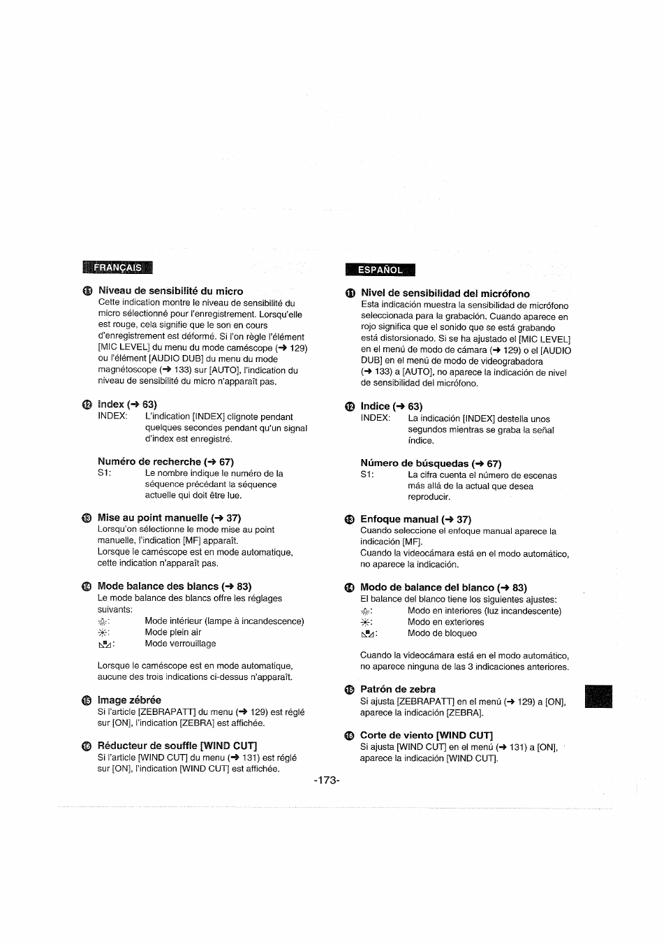 Ф niveau de sensibilité du micro, Nivel de sensibilidad del micrófono, Index (-» 63) | Indice {-* 63), Numéro de recherche (-» 67), Número de búsquedas 67), Mise au point manuelle {-* 37), Enfoque manual (-> 37), Mode balance des blancs (-» 83), Image zébrée | Panasonic NVDX100EG User Manual | Page 173 / 188