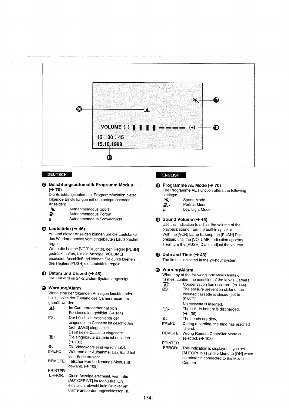 Beiichtungsautomatlk-programm-modus, Lautstärke {-* 46), Datum und uhrzeit (-» 46) | Warnung/alarm, Programme ae mode (-» 70), Sound volume (-♦ 46), Date and time (-♦ 46), Warning/alarm, Belichtungsautomatik-programme) | Panasonic NVDX100EG User Manual | Page 174 / 188