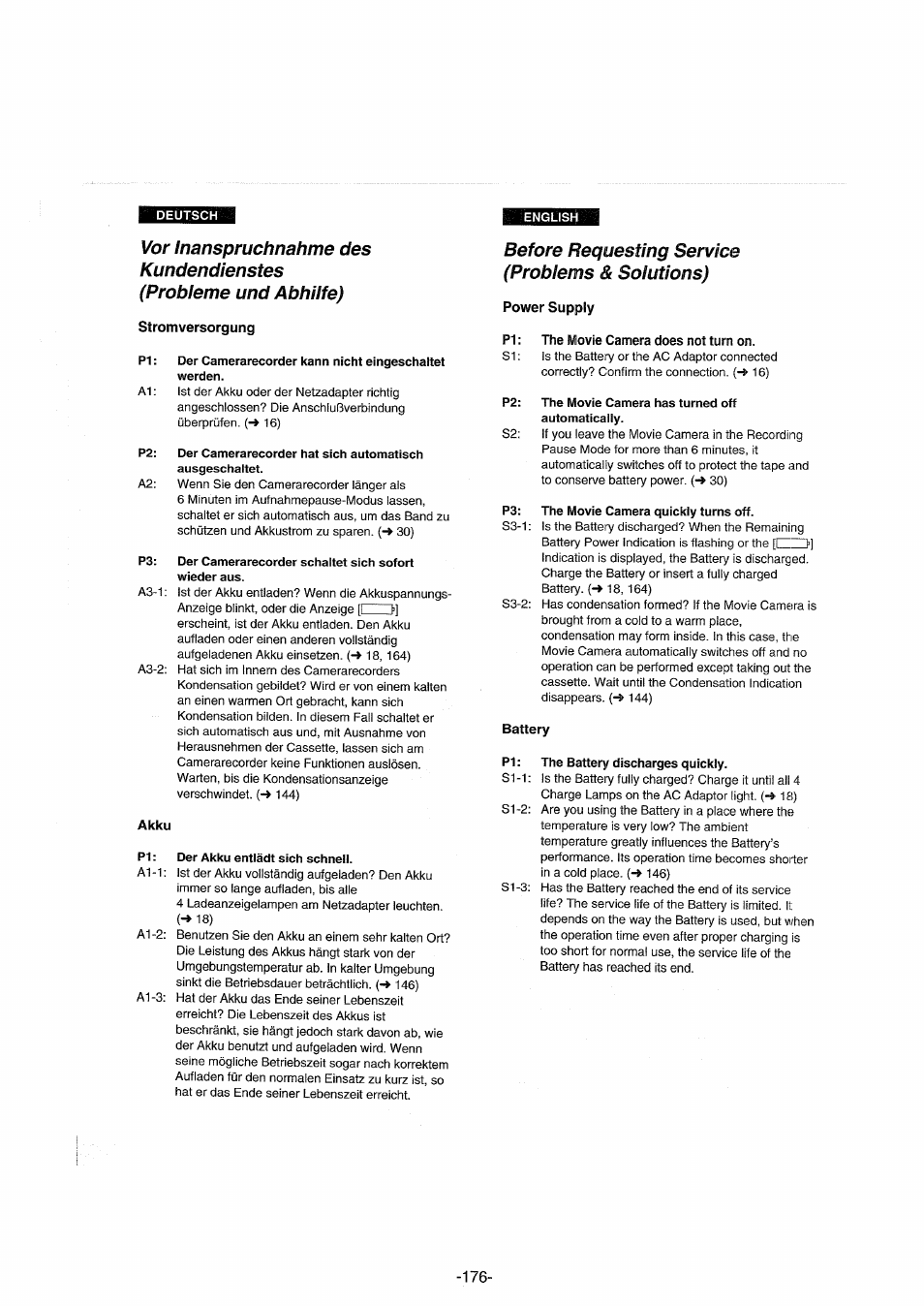 Stromversorgung, Akku, Before requesting service (problems & solutions) | Power supply, The movie camera does not turn on | Panasonic NVDX100EG User Manual | Page 176 / 188