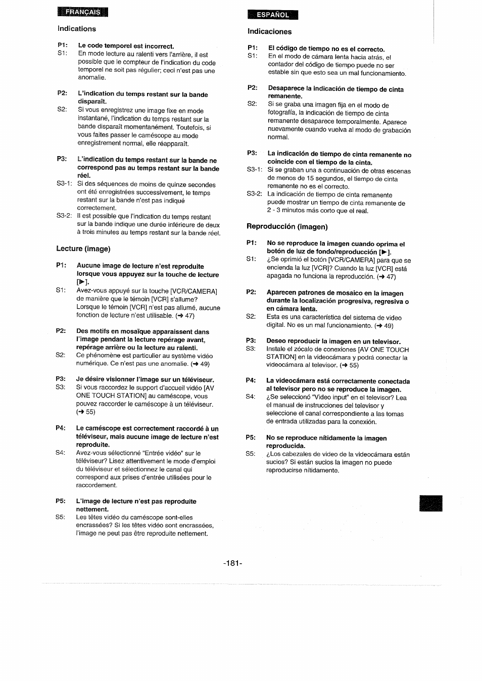 Indications, Indicaciones, Lecture (image) | Reproducción (imagen) | Panasonic NVDX100EG User Manual | Page 181 / 188