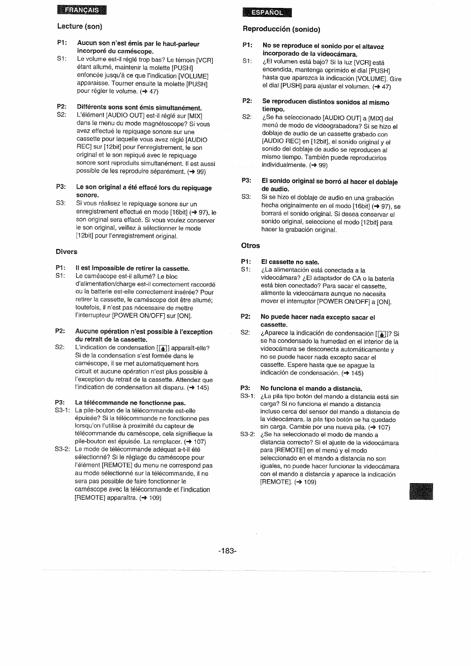 Lecture (son), Reproducción (sonido), Otros | Panasonic NVDX100EG User Manual | Page 183 / 188