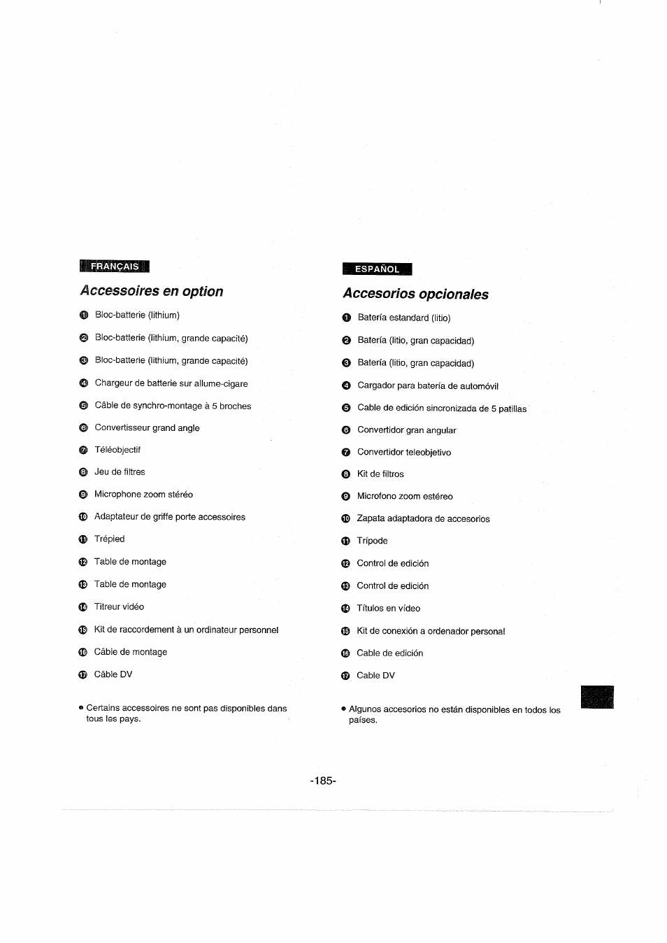Accessoires en option, Accesorios opcionaies, Accesorios opcionales | Panasonic NVDX100EG User Manual | Page 185 / 188