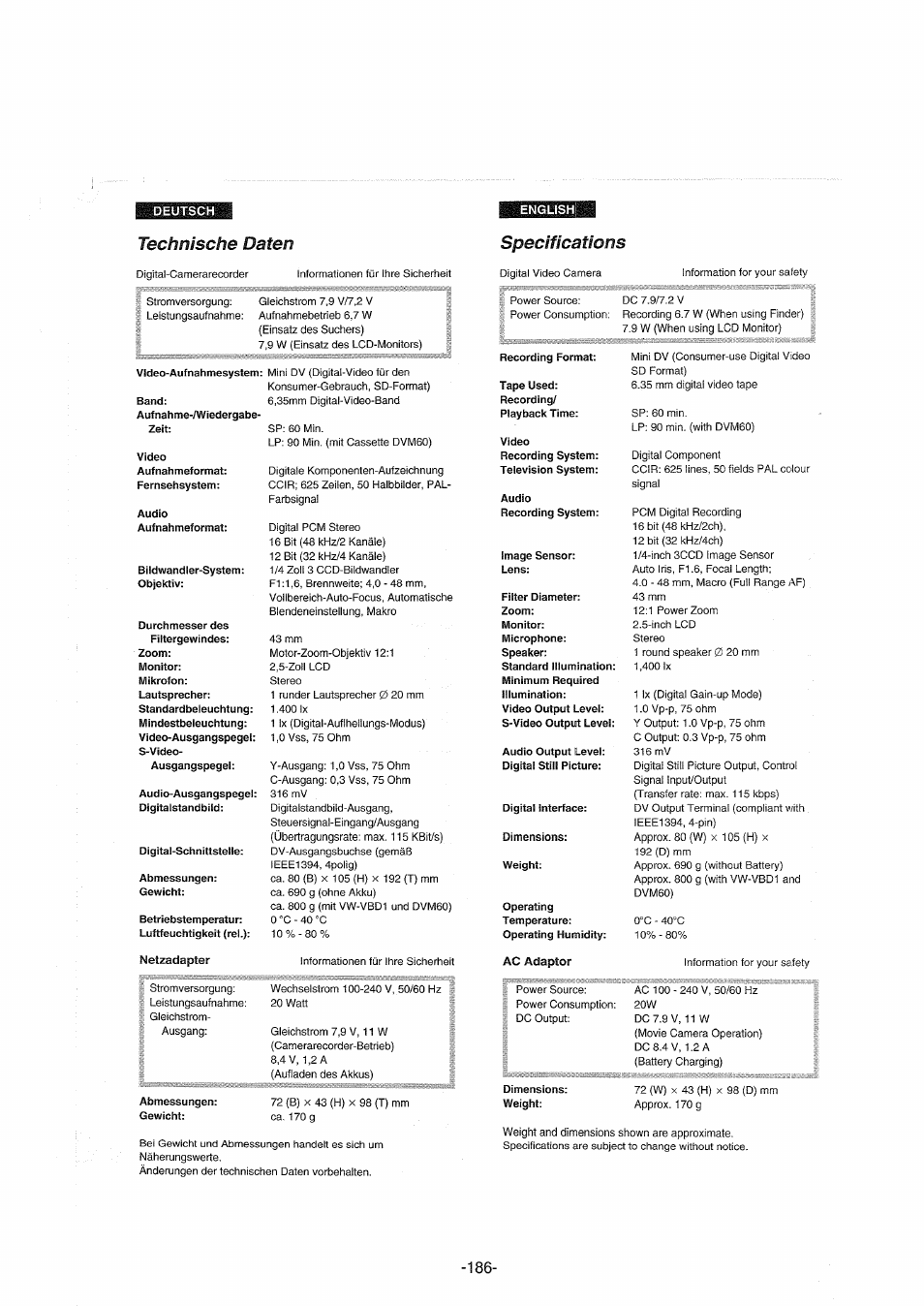 Technische daten | Panasonic NVDX100EG User Manual | Page 186 / 188