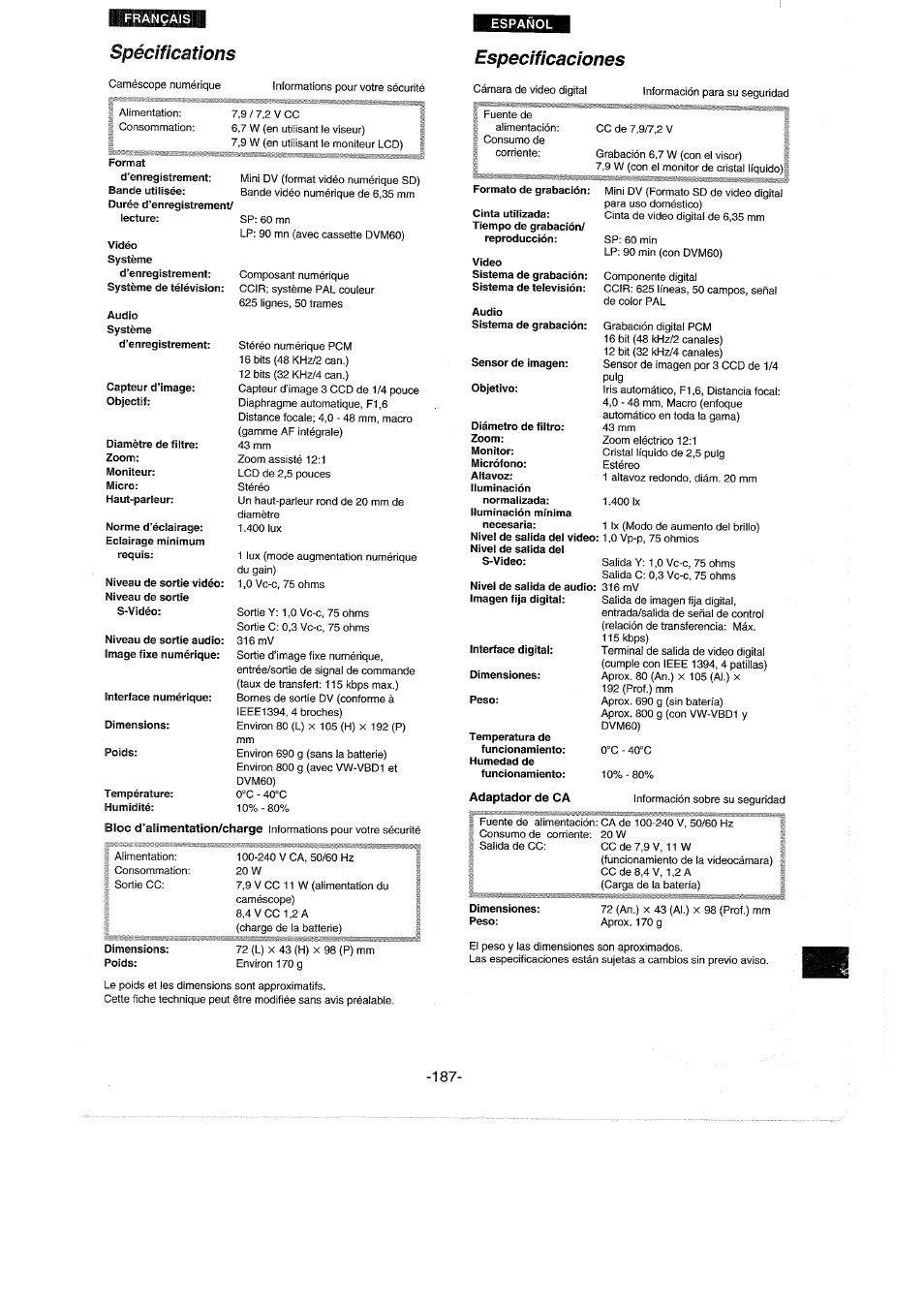 Spécifications, Especificaciones, Specifications | Panasonic NVDX100EG User Manual | Page 187 / 188
