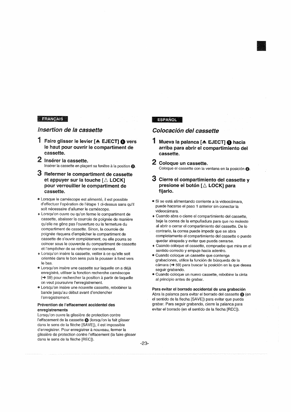 Colocación del cassette, Insertion de la cassette | Panasonic NVDX100EG User Manual | Page 23 / 188