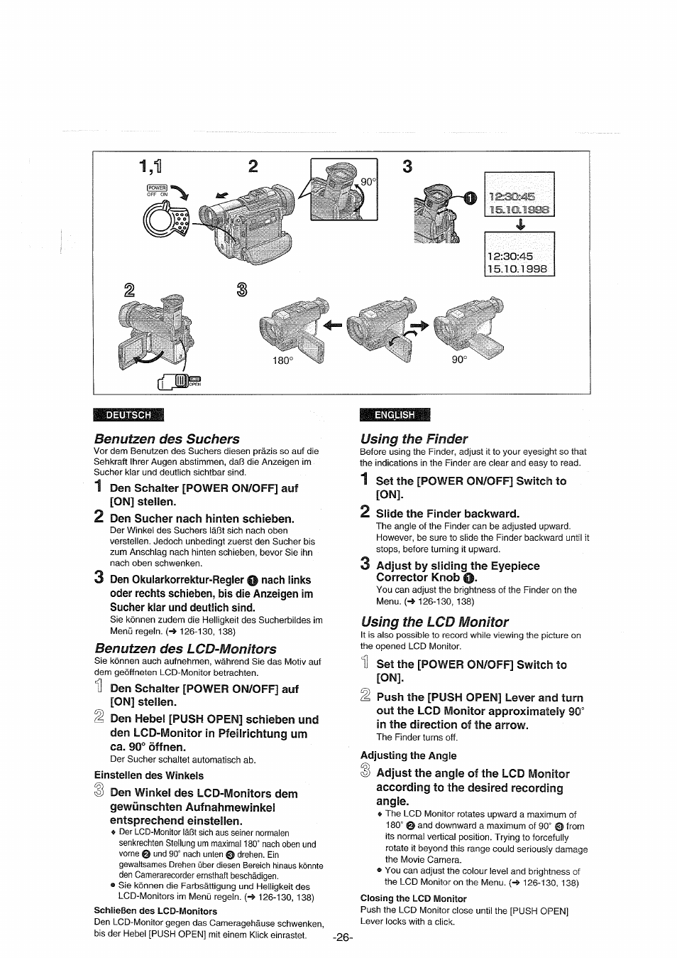 Benutzen des suchers, Benutzen des lcd-monitors, Einstellen des winkels | Using the finder, Using the lcd monitor, Adjusting the angle, Using the finder using the lcd monitor | Panasonic NVDX100EG User Manual | Page 26 / 188