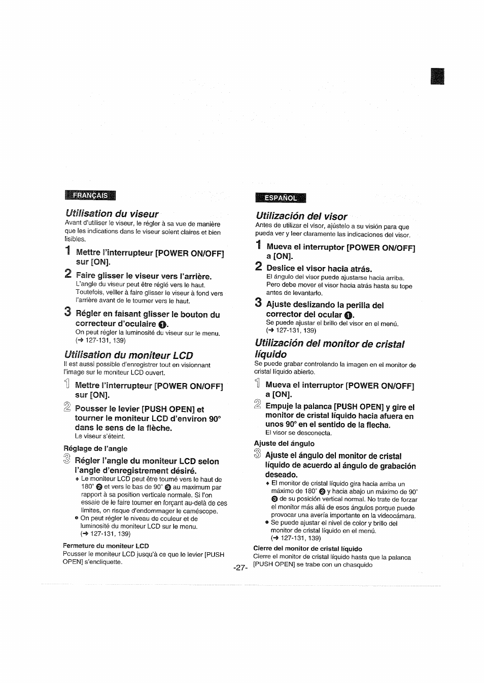 Utilisation du moniteur lcd, Réglage de l’angle, Utilización del visor | Utilización del monitor de cristal líquido, Ajuste del ángulo, Utilisation du viseur | Panasonic NVDX100EG User Manual | Page 27 / 188