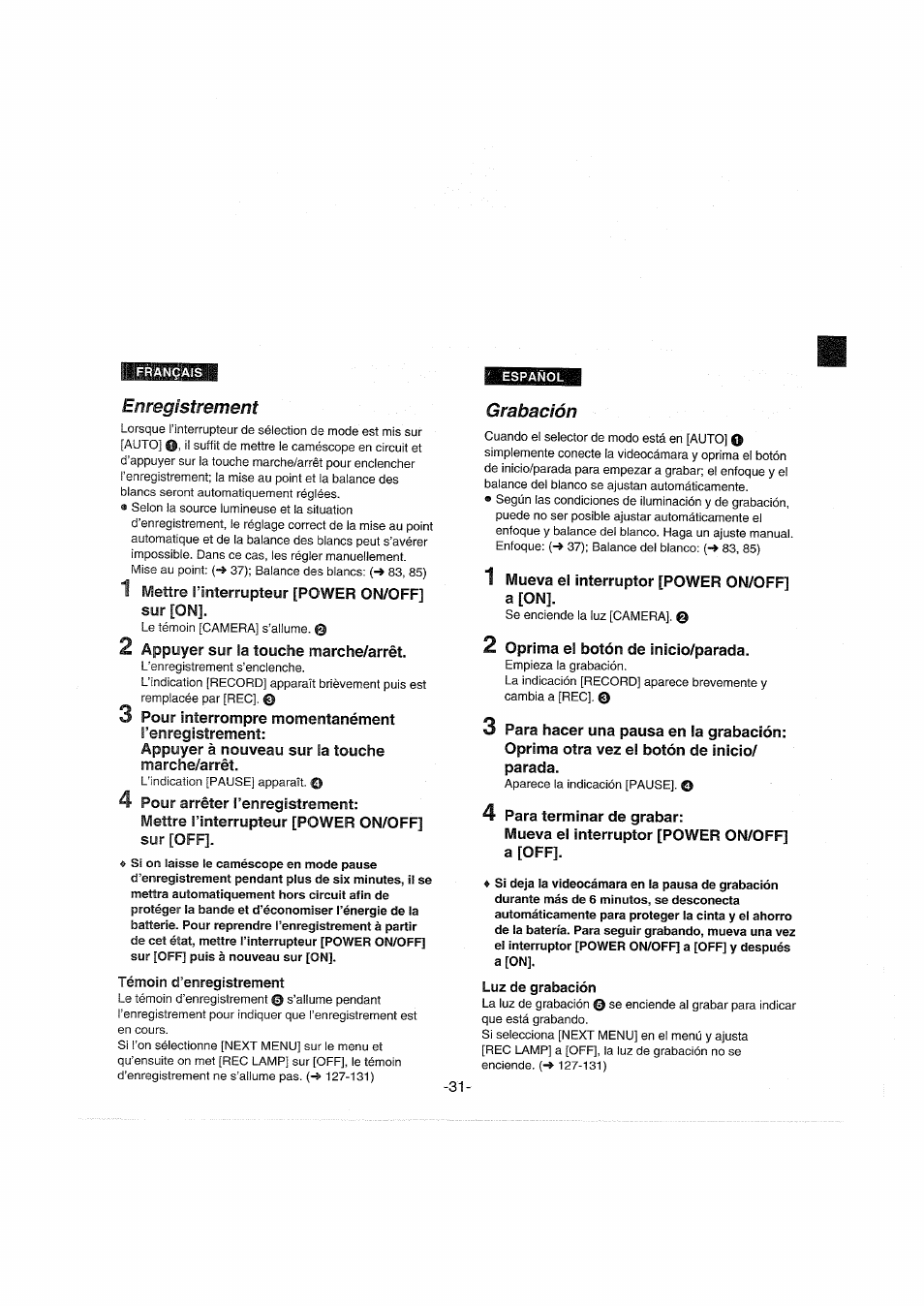 Enregistrement, Témoin d’enregistrement, Grabación | Luz de grabación | Panasonic NVDX100EG User Manual | Page 31 / 188