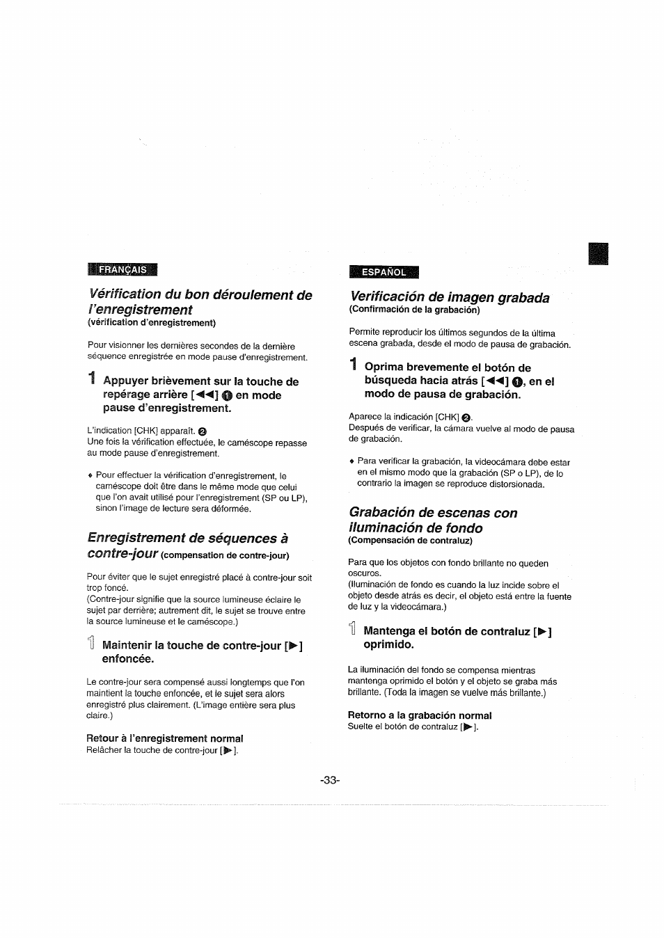 Vérification du bon dérouiement de, Enregistrement de séquences à, Retour à l’enregistrement normal | Verificación de imagen grabada, Grabación de escenas con iluminación de fondo, Retorno a la grabación normal, Contre-jour | Panasonic NVDX100EG User Manual | Page 33 / 188