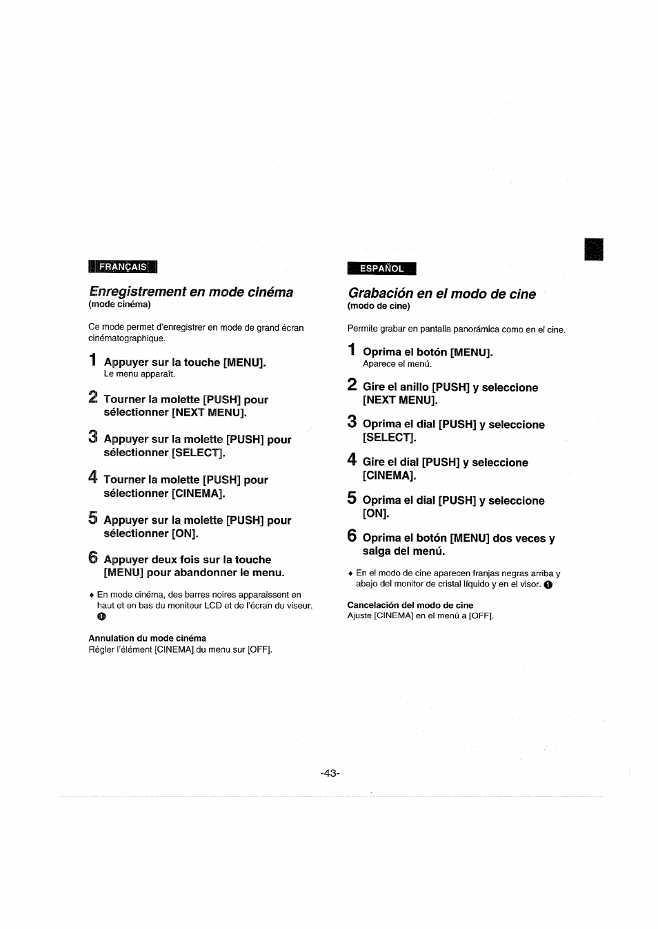 Enregistrement en mode cinéma, Grabación en el modo de cine | Panasonic NVDX100EG User Manual | Page 43 / 188