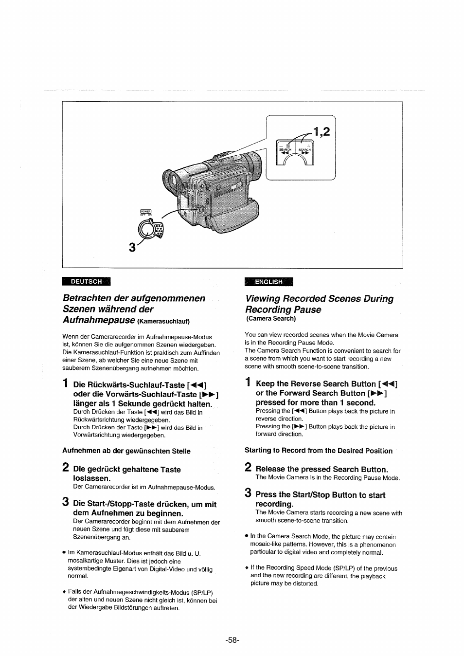 Aufnehmen ab der gewünschten steile, Viewing recorded scenes during recording pause, Starting to record from the desired position | Panasonic NVDX100EG User Manual | Page 58 / 188